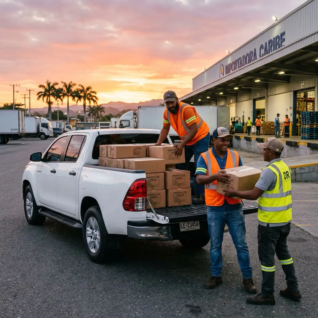 Trabajadores cargando cajas en una camioneta blanca al atardecer